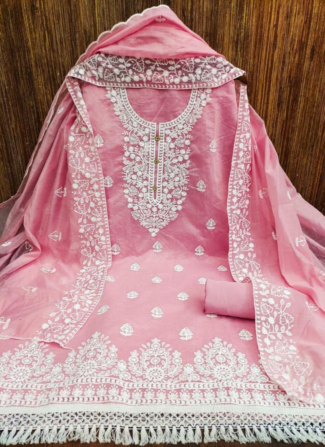 Chanderi Pink Festival Wear Thread Work Dress Material